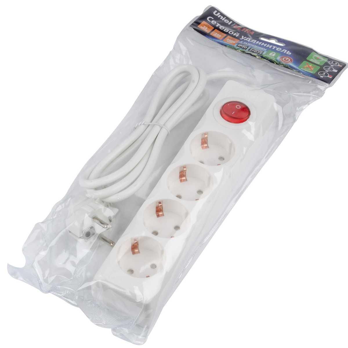 фото удлинитель uniel ultra 4гн х 3м с/з s-gcu4-3b white ul-00010022 | 220svet.ru